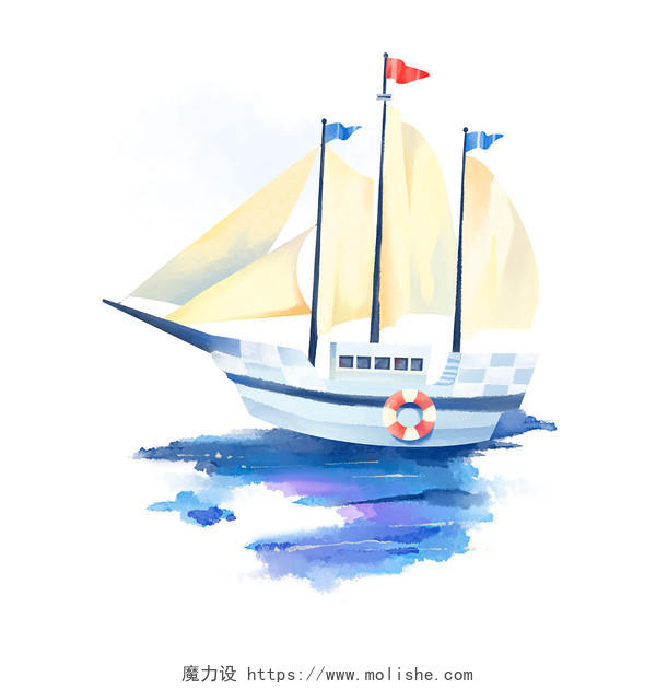 帆船小船出海运动水彩素材大海PNG素材